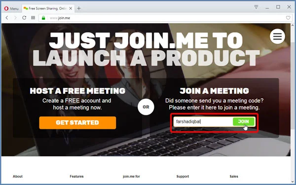 Enter meeting code screen for join me remote meeting app