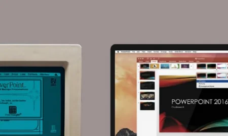 1980s computer showing powerpoint alongside powerpoint 2016