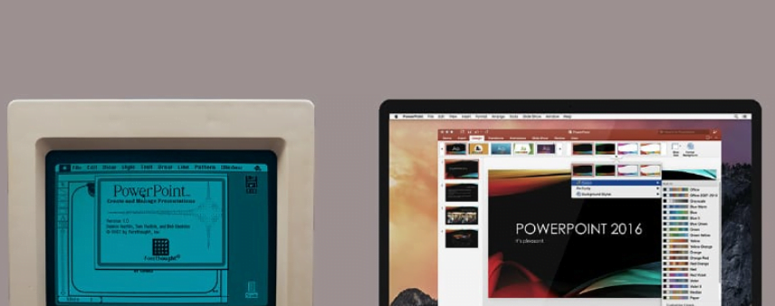 1980s computer showing powerpoint alongside powerpoint 2016