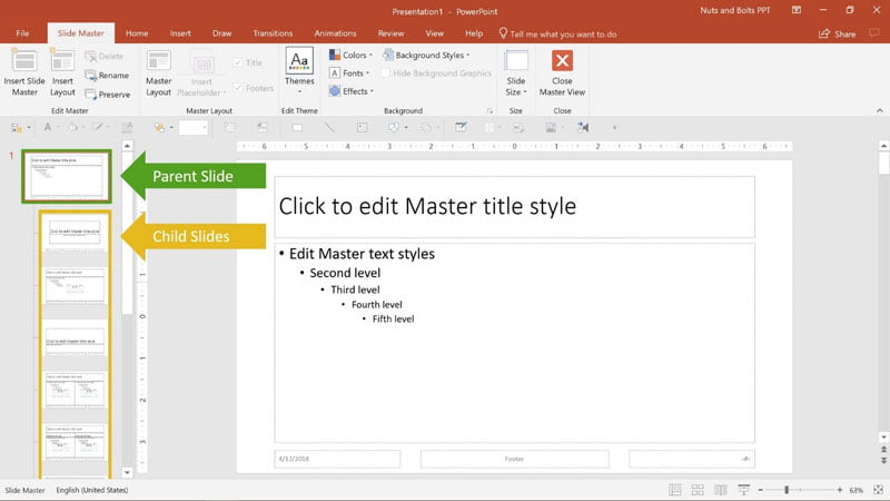 powerpoint screenshot showing parent slides in slide master