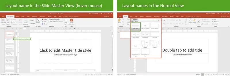 powerpoint screenshot showing layout options in slide master view