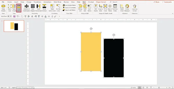 MLC powerpoint addin make same width function screenshot