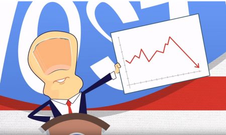 Cartoon president standing at podium holding graph