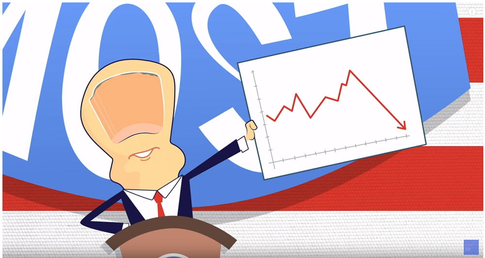 Cartoon president standing at podium holding graph