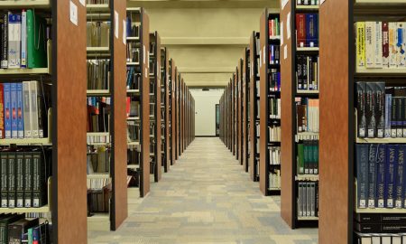 rows of bookcases in public library