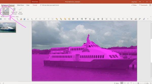 PowerPoint slide showing remove background function for image of boat in harbour