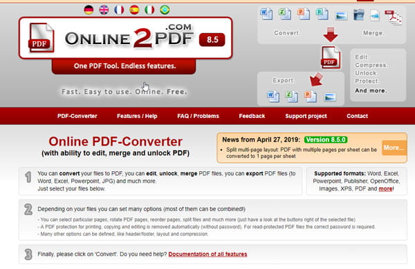Screenshot of online file converter online2pdf.com