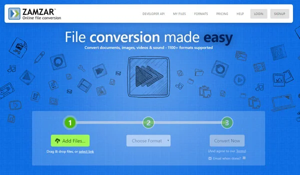 Screenshot of online file converter Zamzar