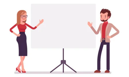 Cartoon male and female presenters either side of a presentation screen