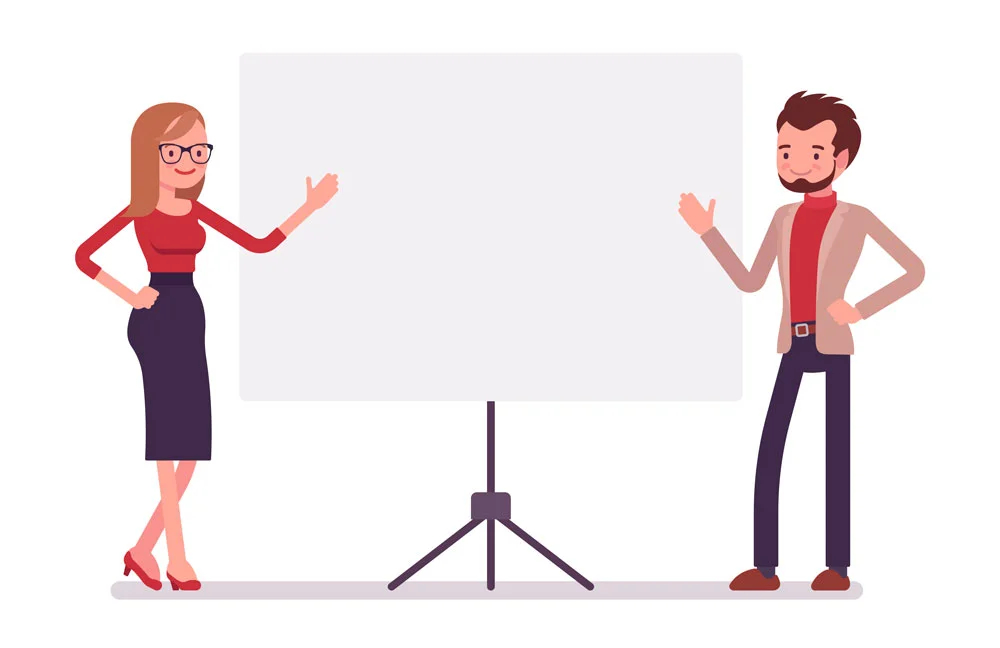 Cartoon male and female presenters either side of a presentation screen