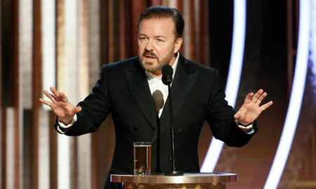Ricky Gervais speaking at the Golden Globes 2020