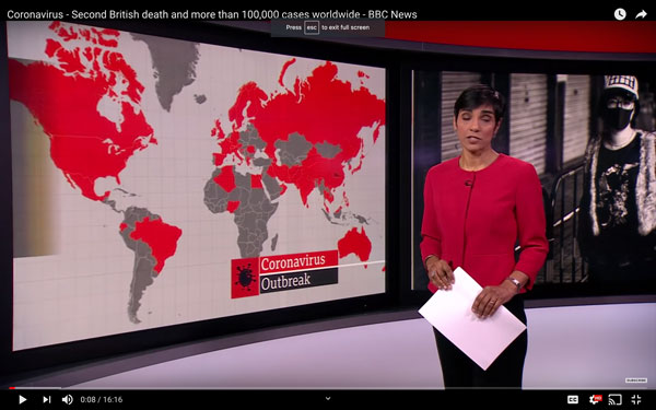 BBC report on Coronavirus showing map of world