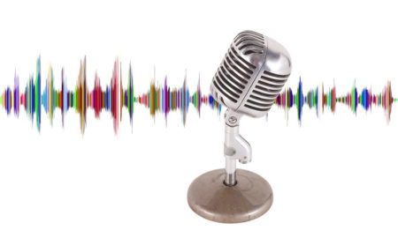 presentation guru storytelling podcast webinar microphone with coloured soundwaves